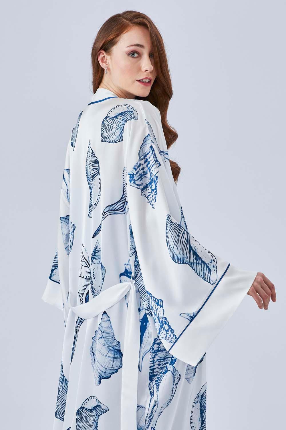Marina The Azur - Long Silk Sateen Printed Robe Set - Navy - Bocan