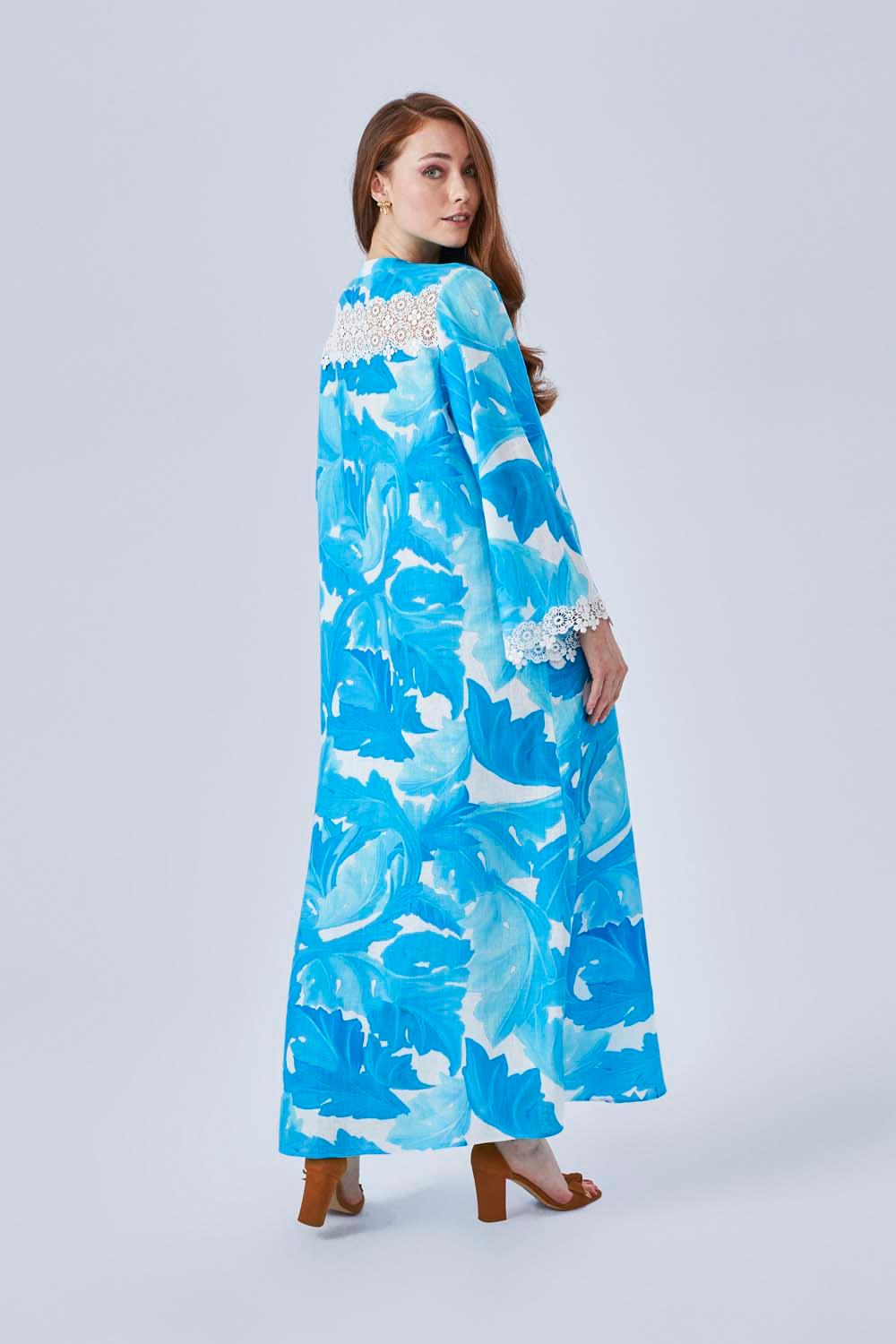 Marlie - Printed Linen Long Trimmed Dress - Turquiose - Bocan
