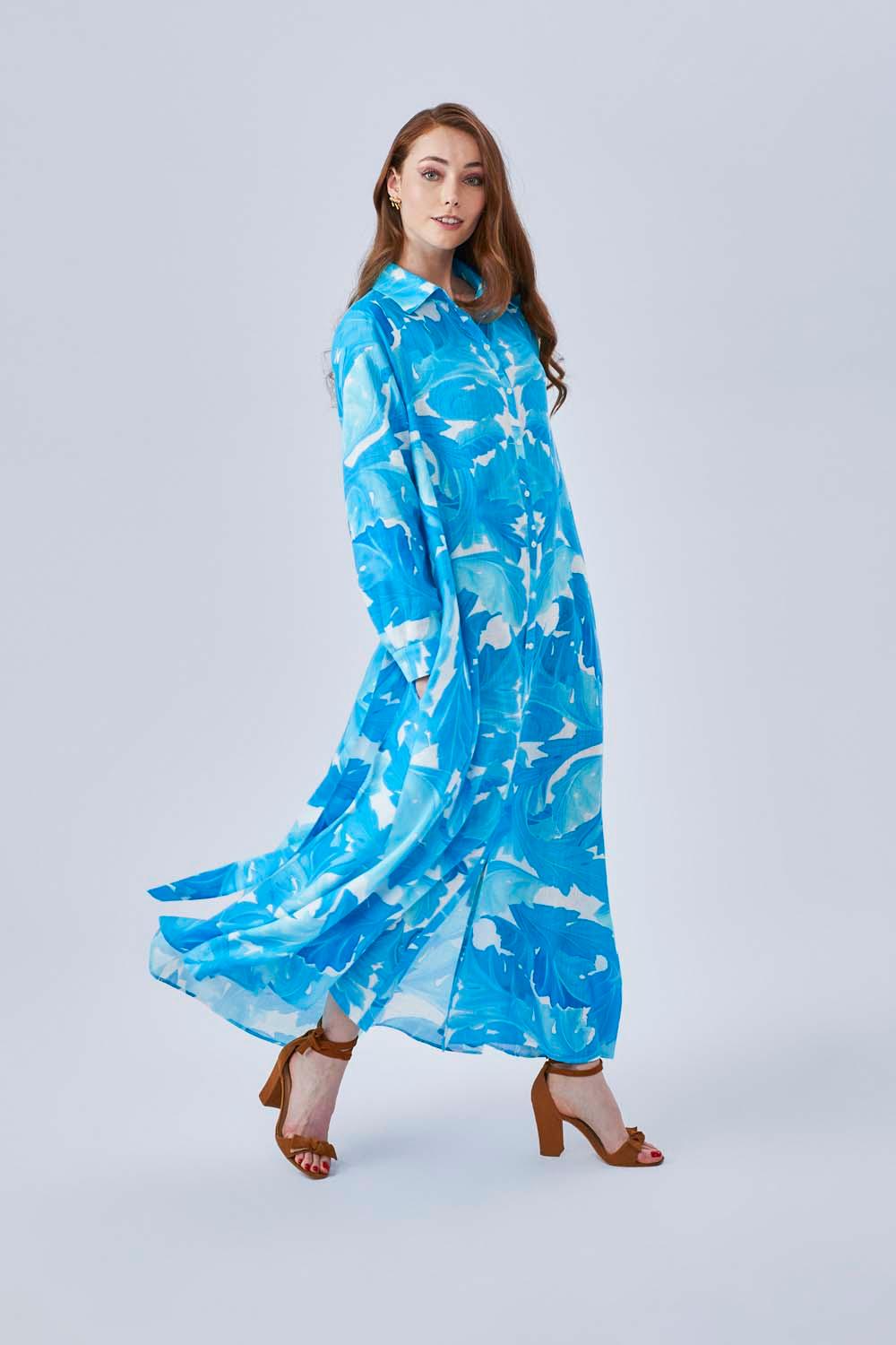 Marta - Printed Long Shirt Dress with Long Sleeves- Turquiose - Bocan