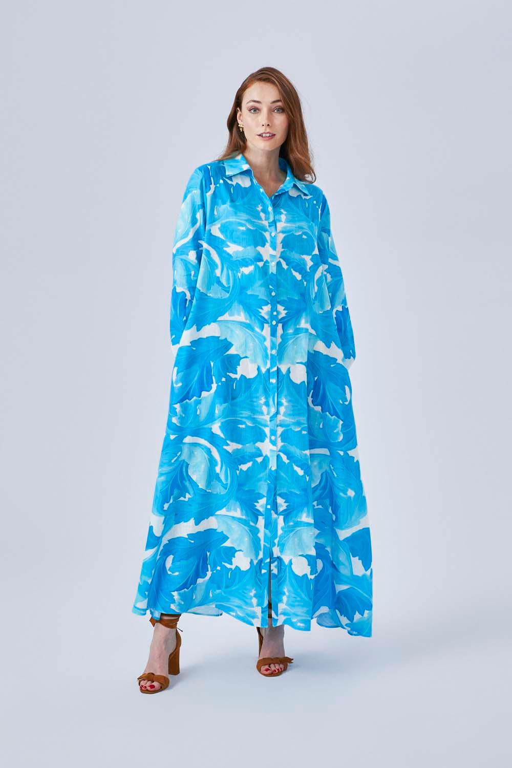 Marta - Printed Long Shirt Dress with Long Sleeves- Turquiose - Bocan