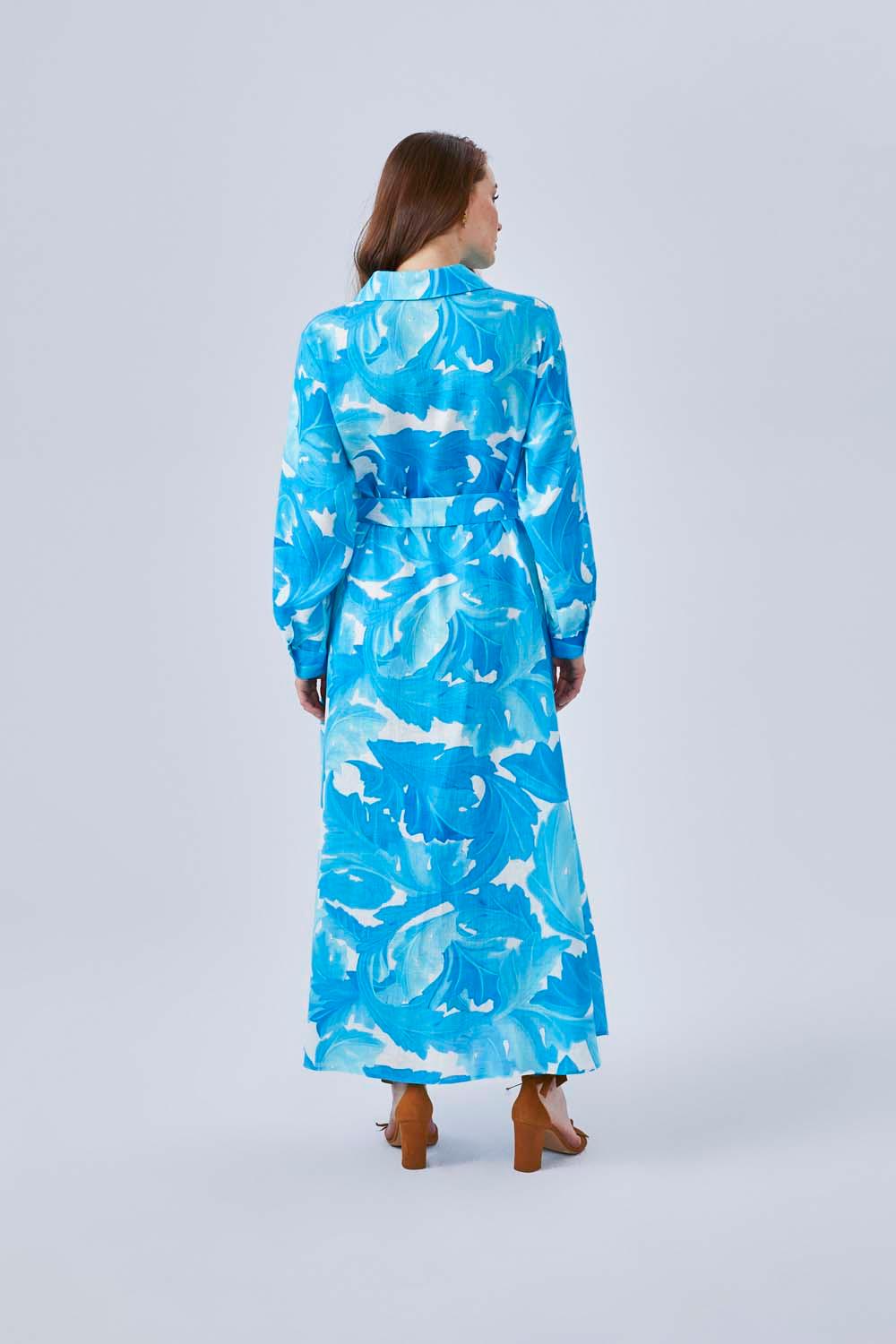 Marta - Printed Long Shirt Dress with Long Sleeves- Turquiose - Bocan