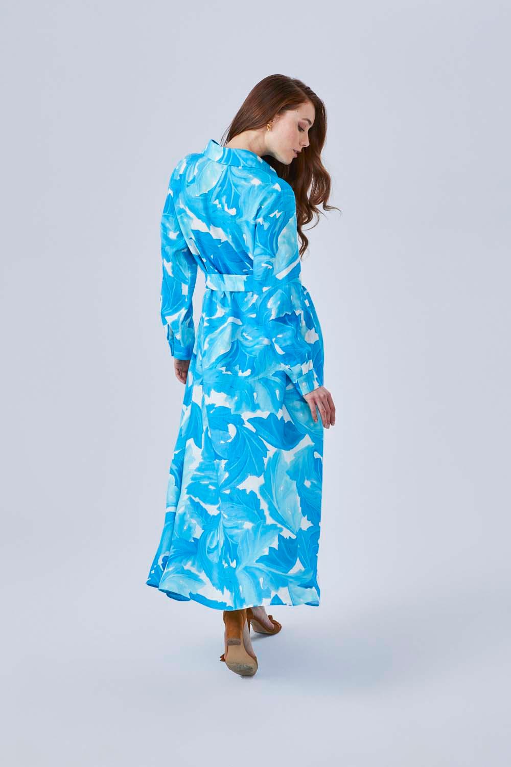 Marta - Printed Long Shirt Dress with Long Sleeves- Turquiose - Bocan