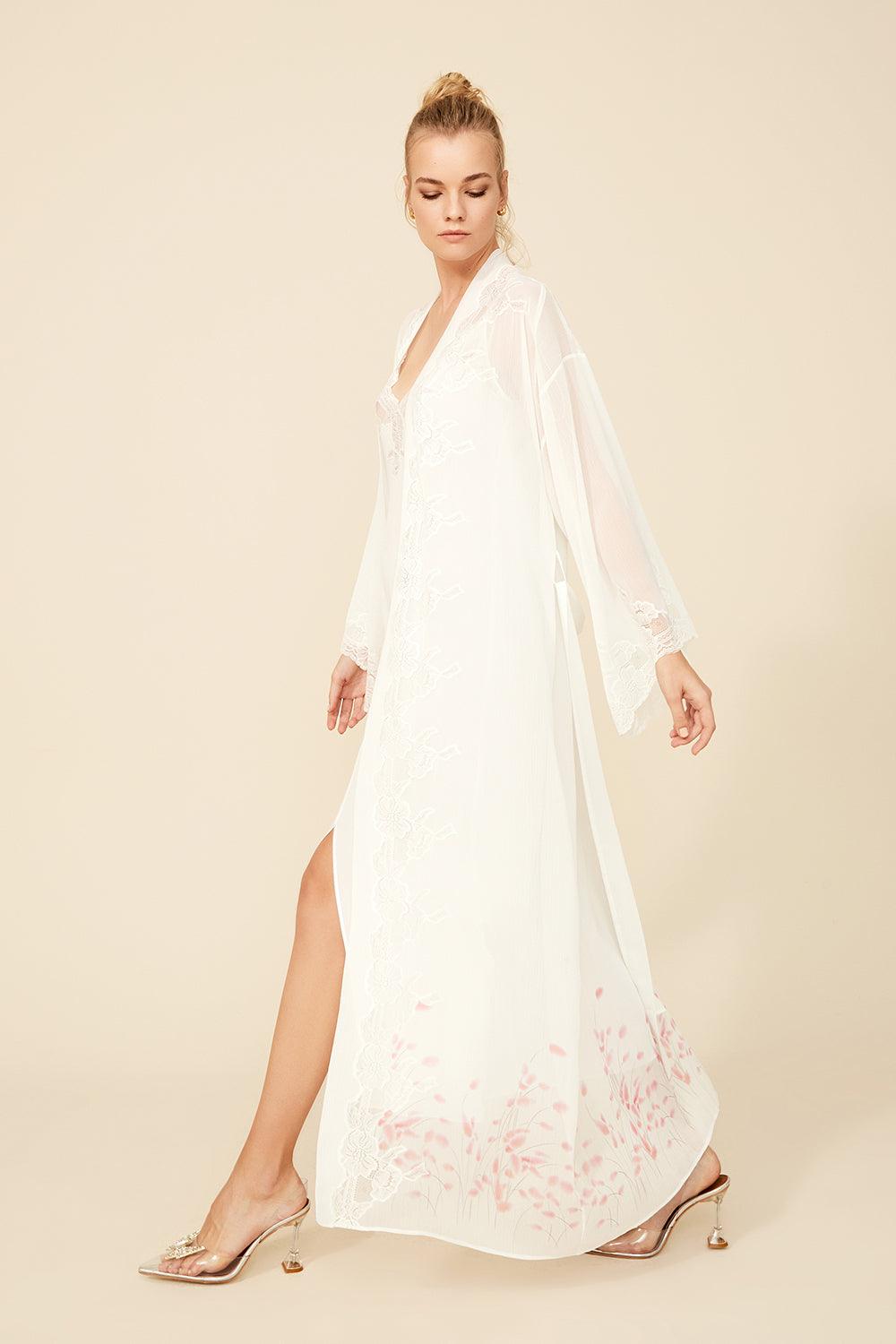 Melina - Long Silk Chiffon Printed Robe - Off White - Bocan