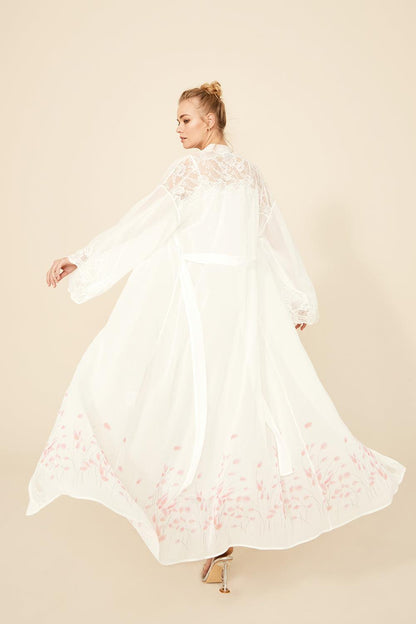 Melina - Long Silk Chiffon Printed Robe - Off White - Bocan