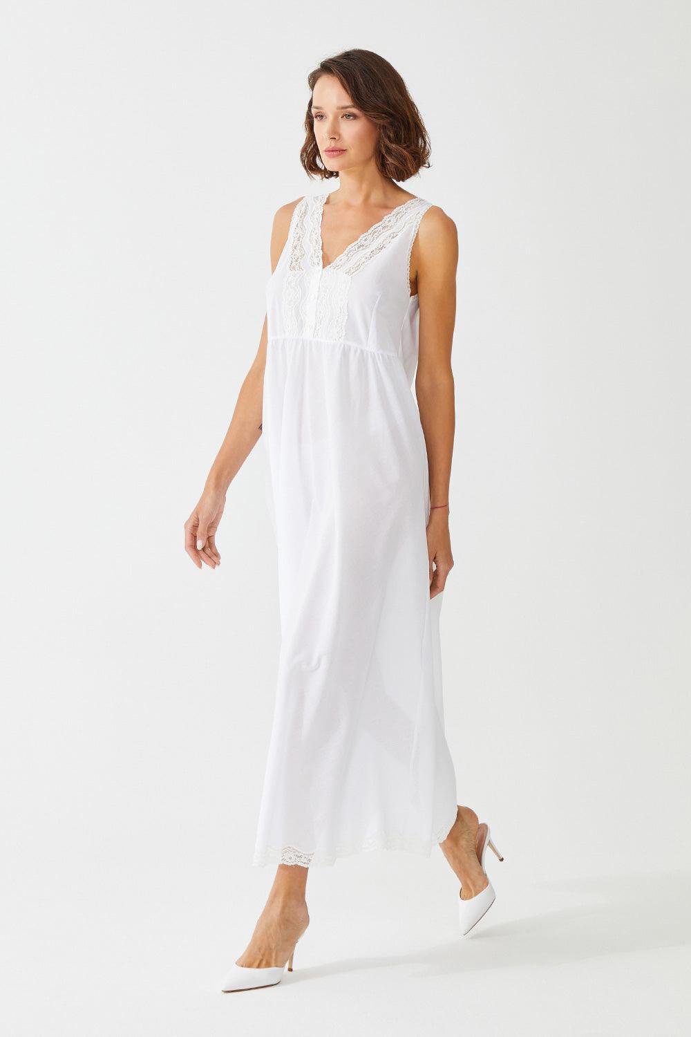 Mina Long Cotton Voile Sleeveless Inner Nightgown - Off White - Bocan