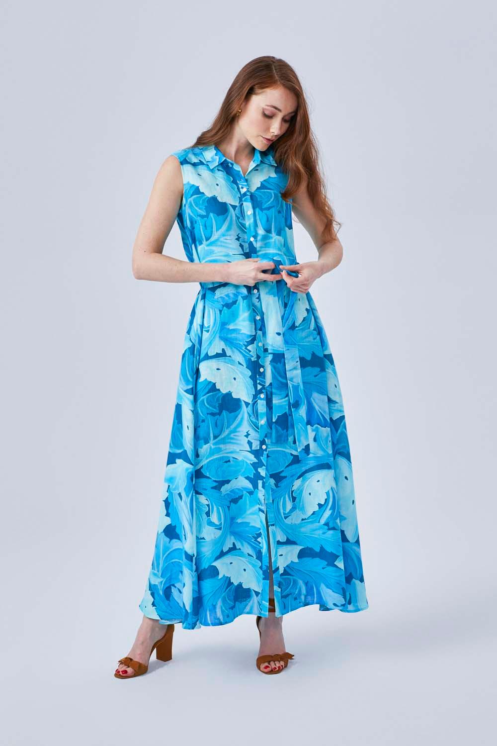 Nadia - Printed Sleeveless Long Shirt Dress - Turquiose - Bocan