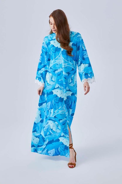 Narissa - Printed Linen Long Trimmed Dress - Turquiose - Bocan