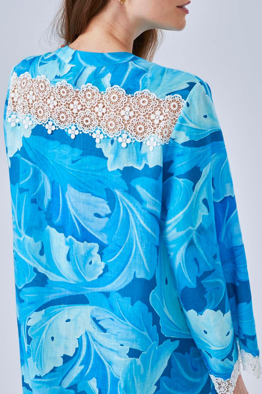 Narissa - Printed Linen Long Trimmed Dress - Turquiose - Bocan