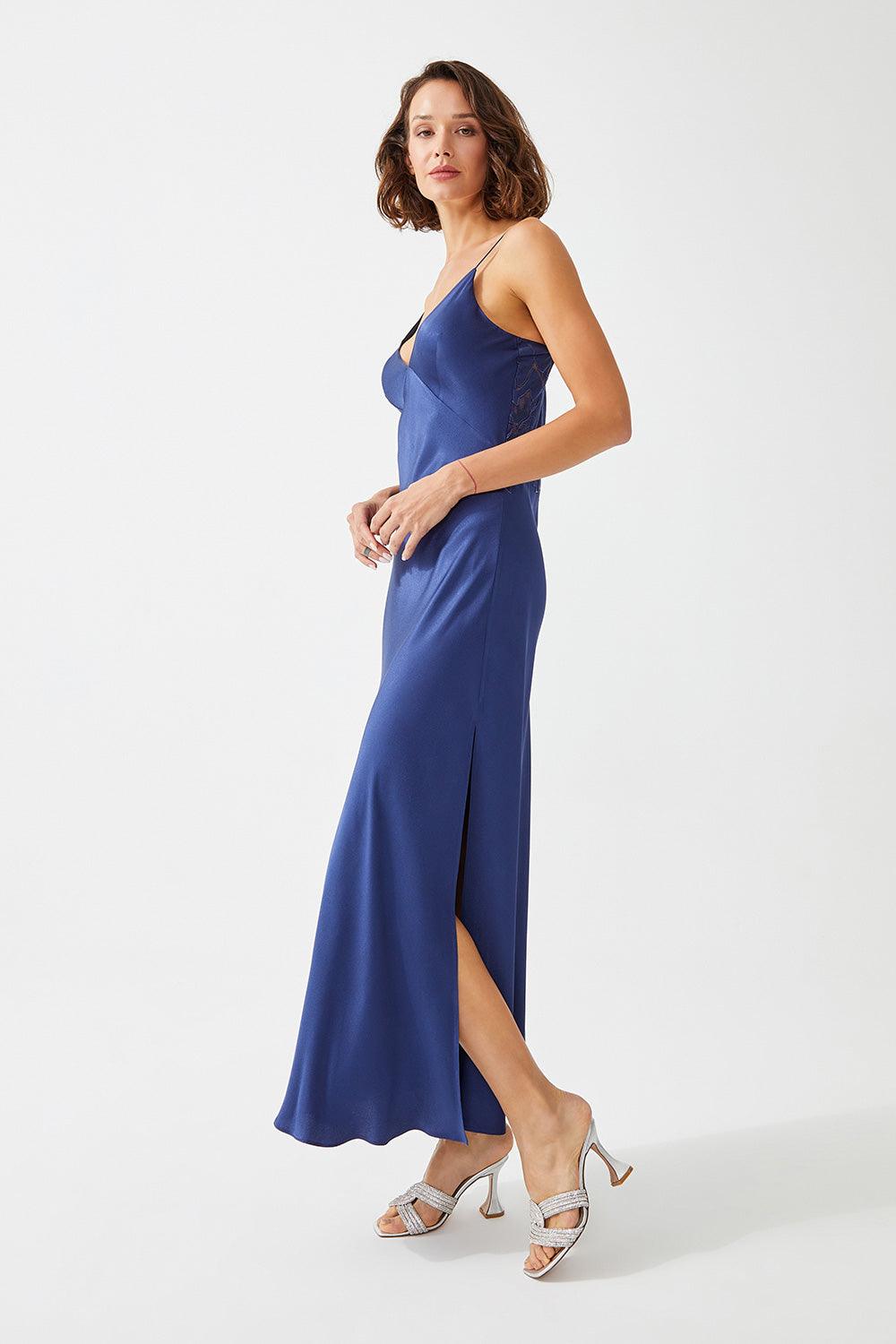 Navie Long Rayon Trimmed Slip Dress - Navy Blue - Bocan