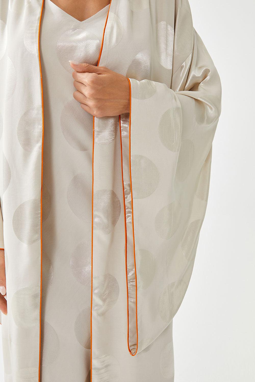 Neroli Long Silk Sateen Patterned  Kimono Set - Beige - Bocan