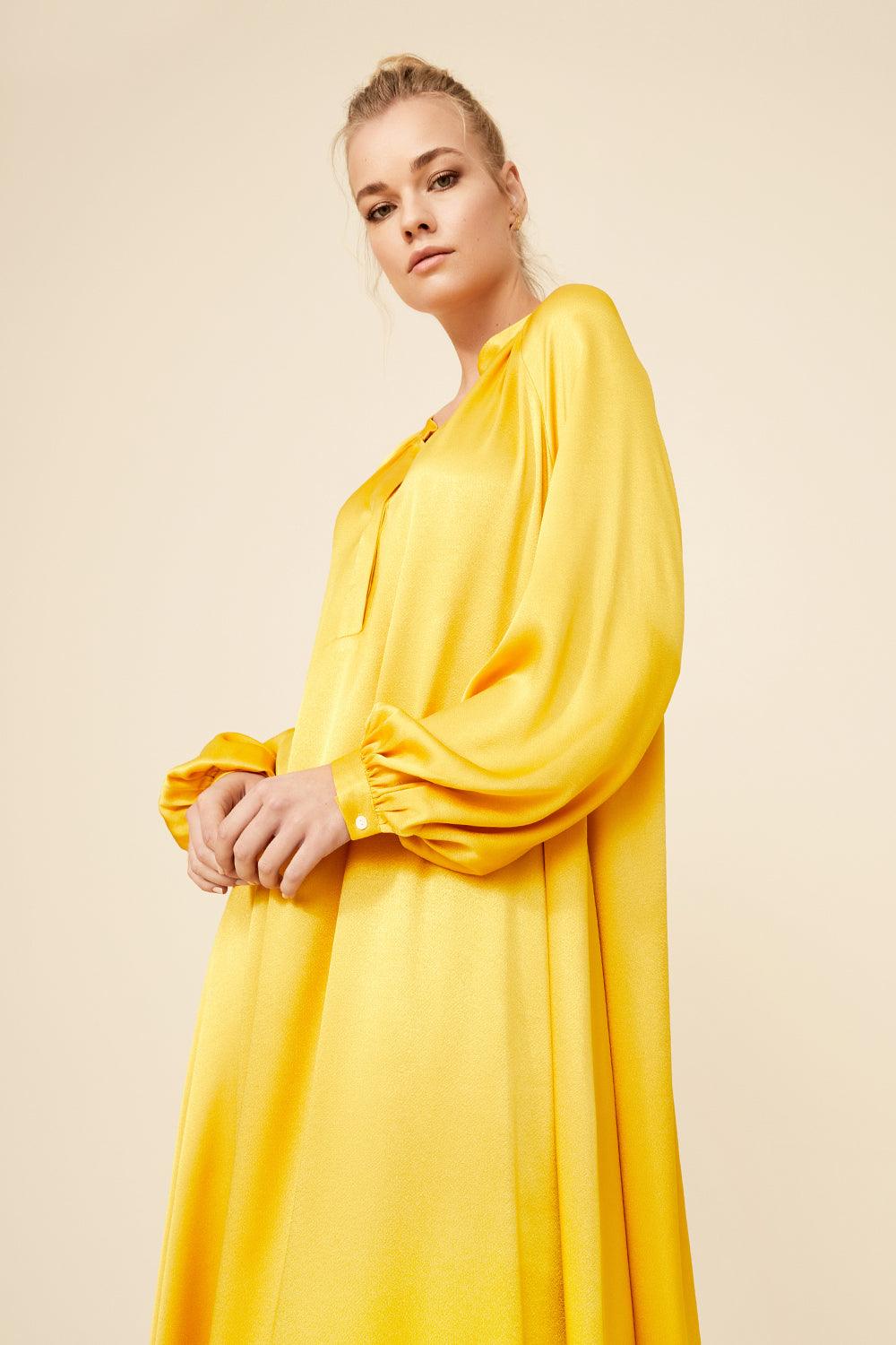 Nora - Long Rayon Buttoned Dress - Saffron - Bocan