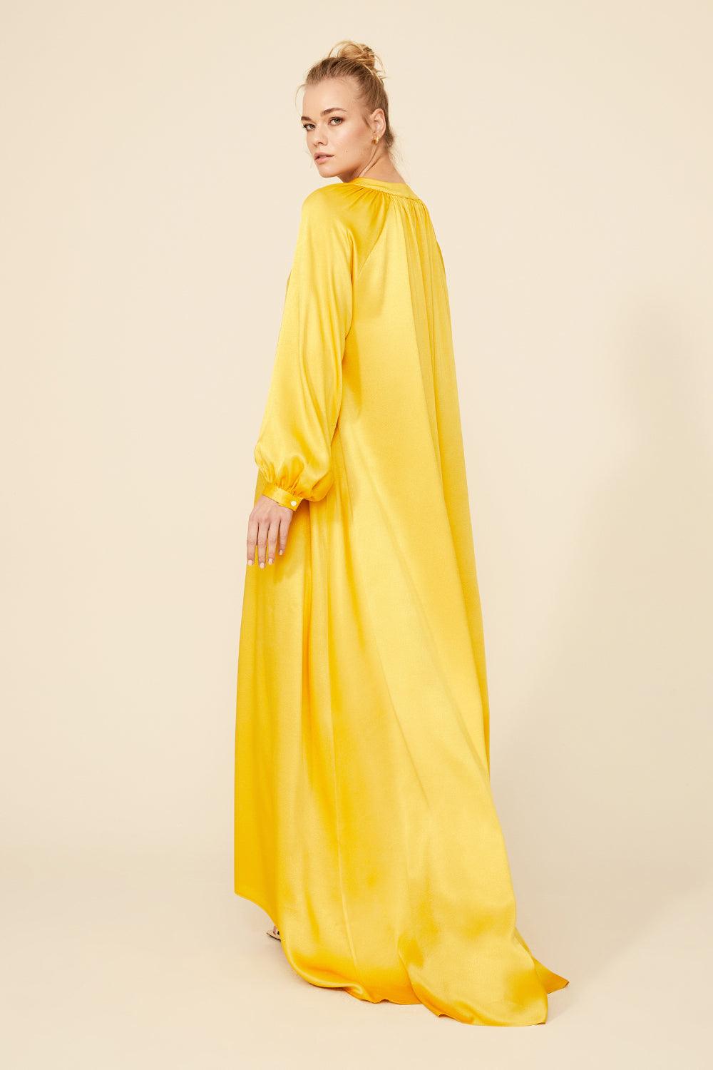 Nora - Long Rayon Buttoned Dress - Saffron - Bocan