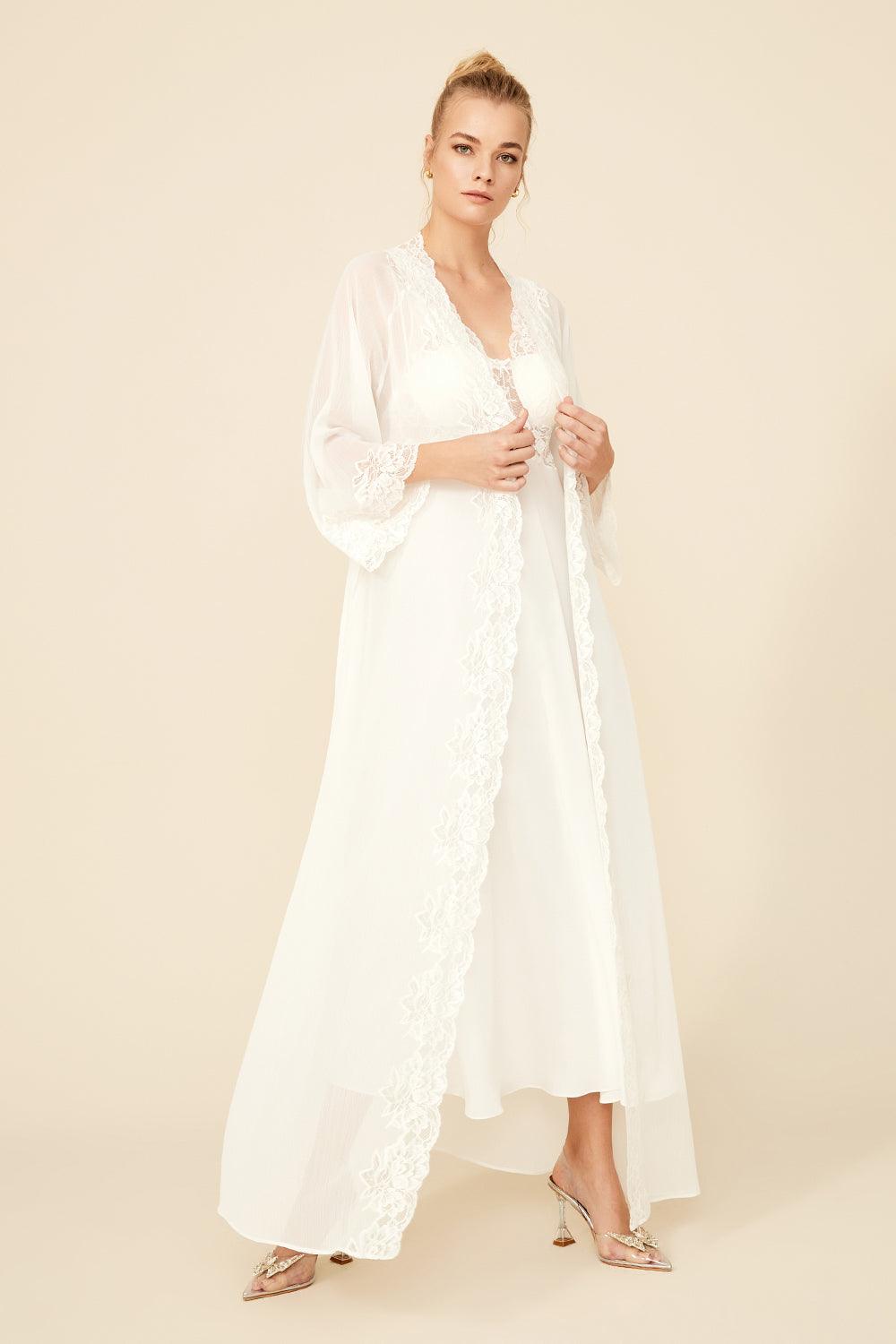 Opal - Long Silk Chiffon Robe Set - Off White - Bocan
