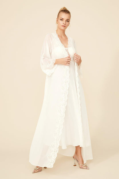 Opal - Long Silk Chiffon Robe Set - Off White - Bocan