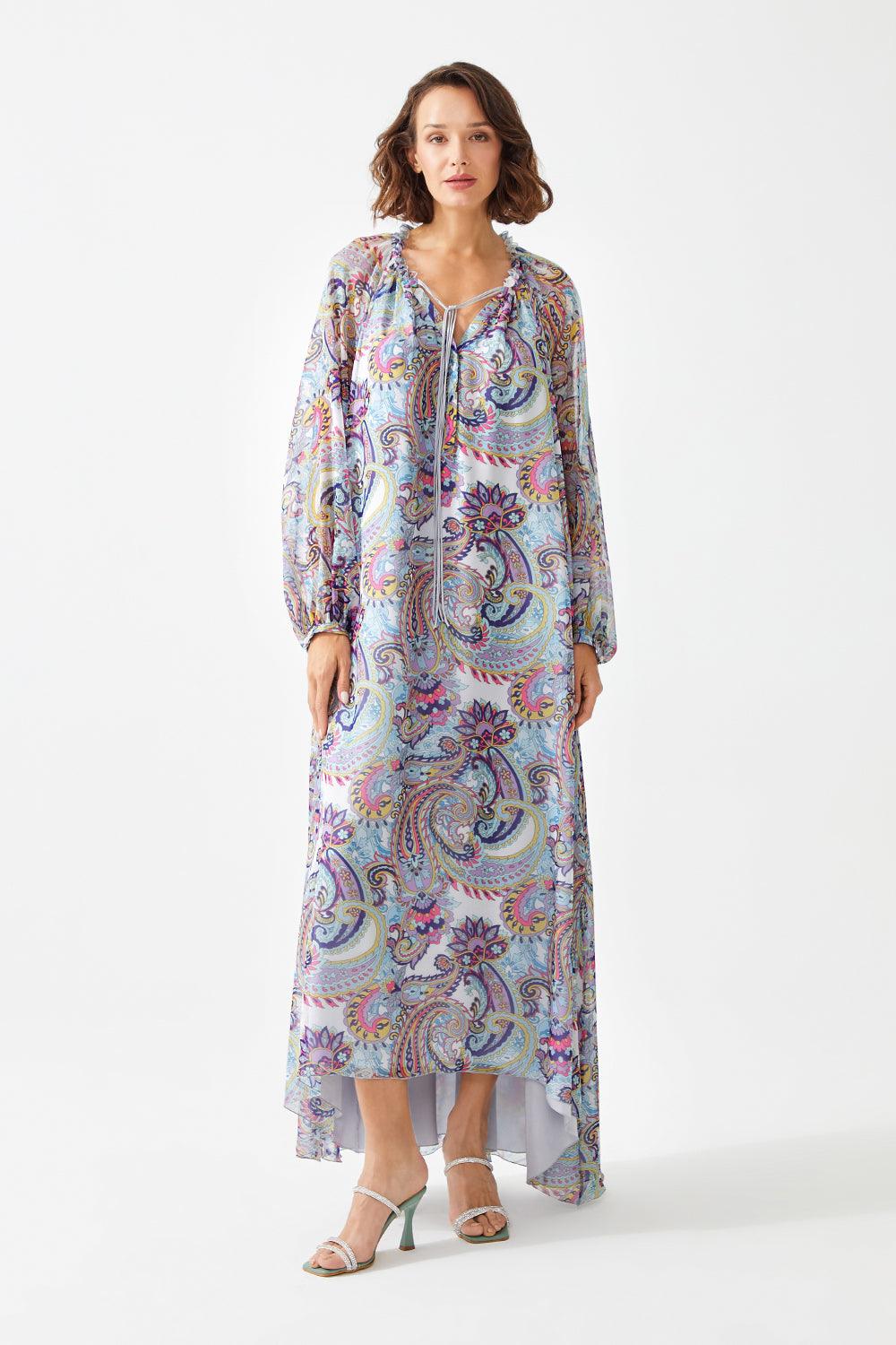 Paisley in Luz Long Printed V neck Silk Chiffon Dress - Bocan