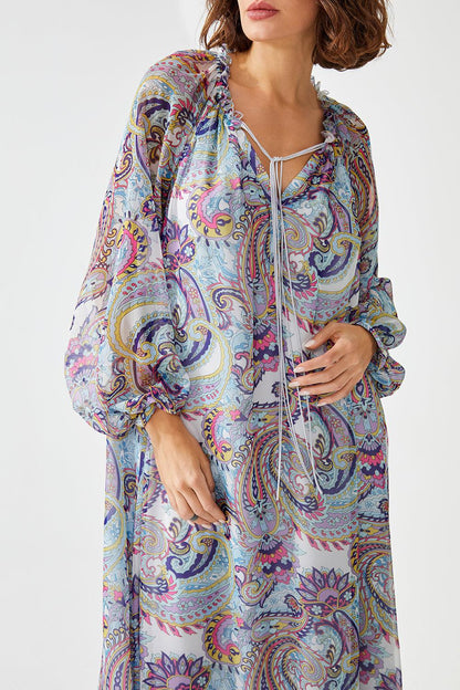 Paisley in Luz Long Printed V neck Silk Chiffon Dress - Bocan