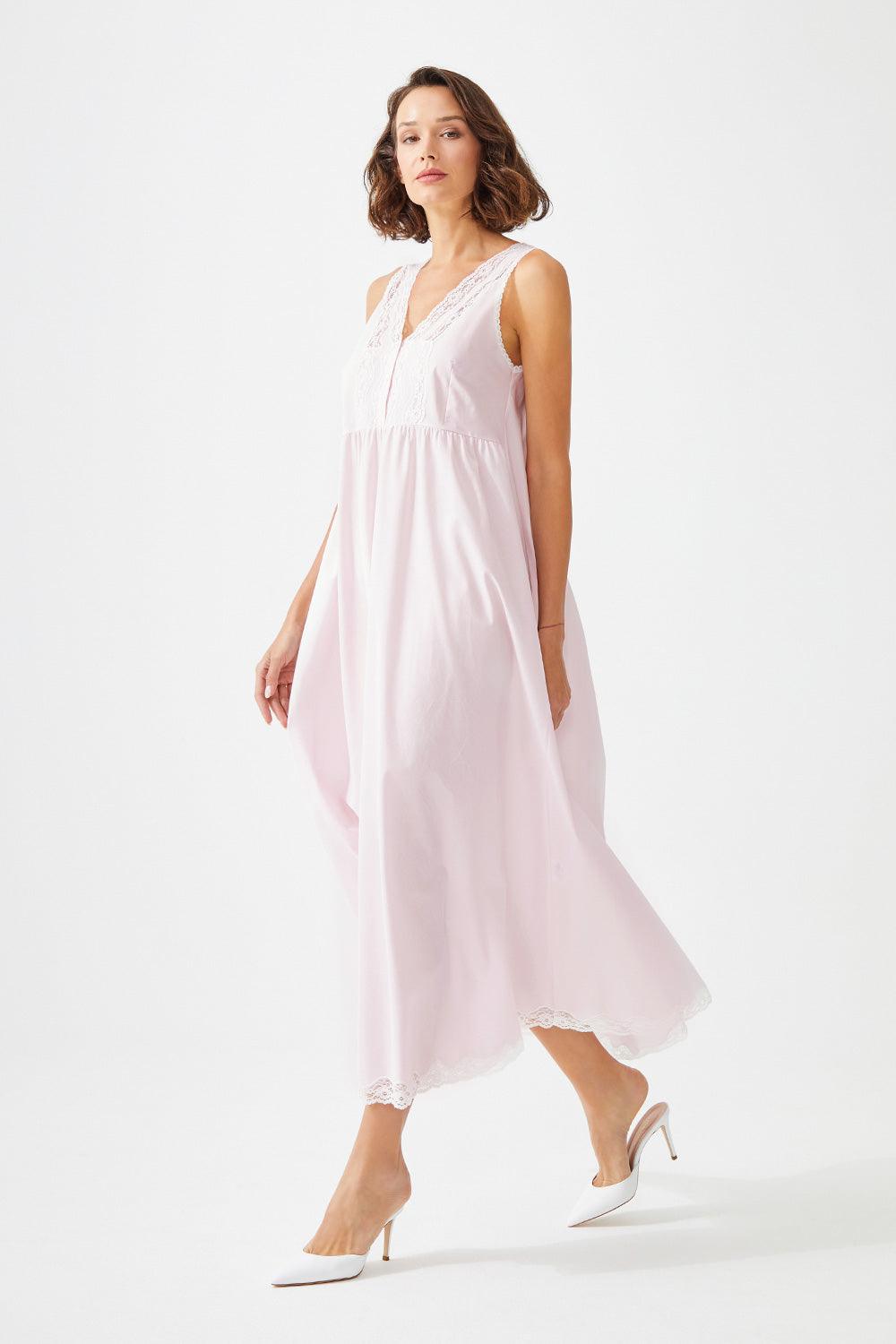 Quartz Long Cotton Voile Sleeveless Inner Nightgown - Baby Pink - Bocan