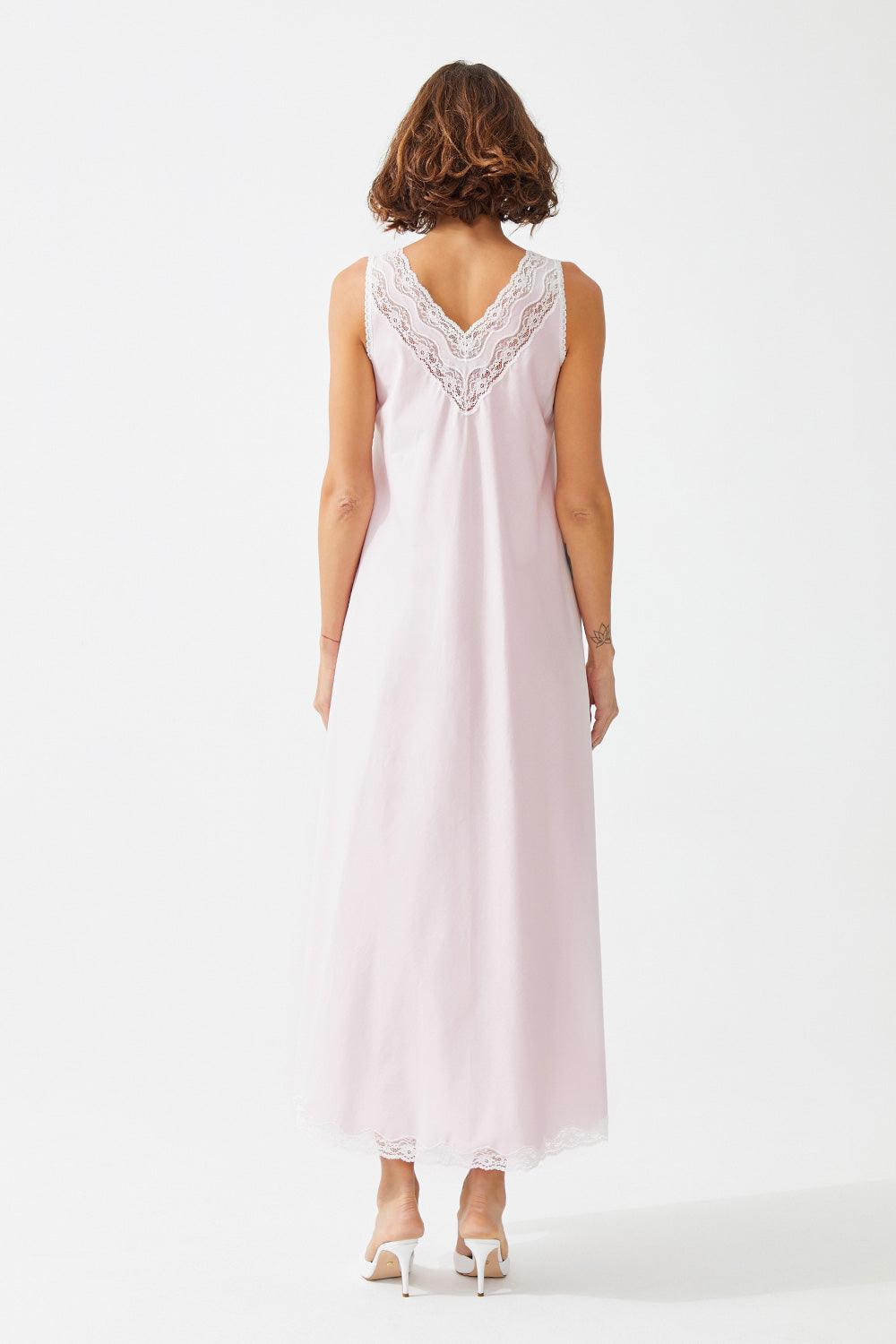 Quartz Long Cotton Voile Sleeveless Inner Nightgown - Baby Pink - Bocan