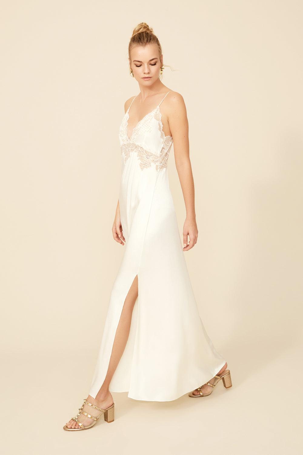 Rachel - Long Rayon Strapped Nightgown - Off white with Gold - Bocan