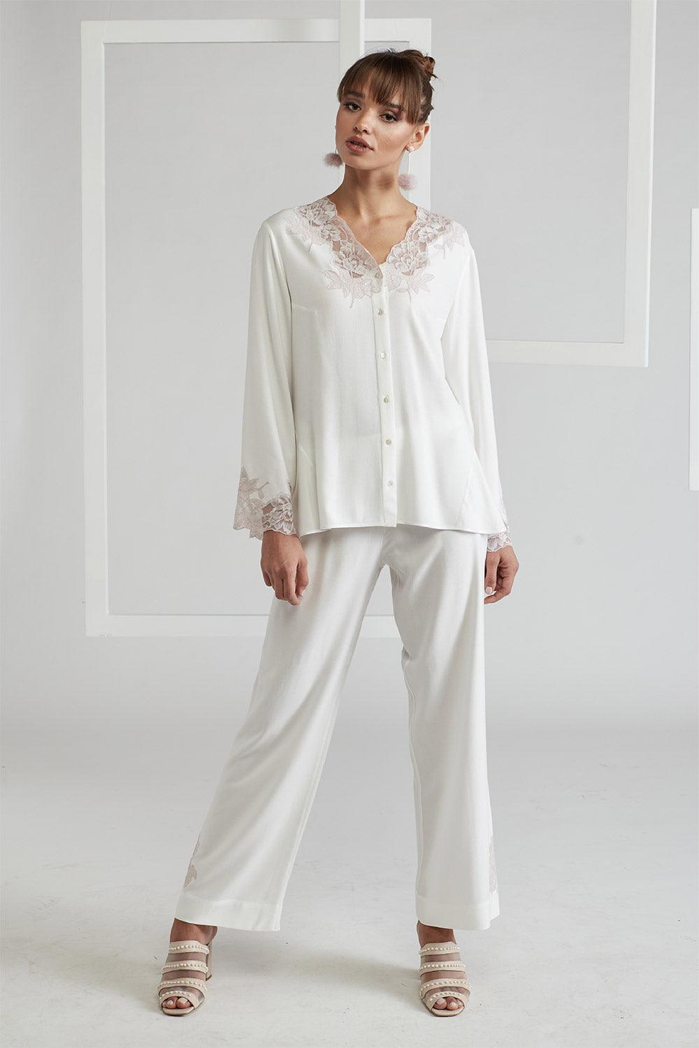Rayon Full Buttoned Rayon Pyjama Set Off White - Big Rose (Powder) - Bocan