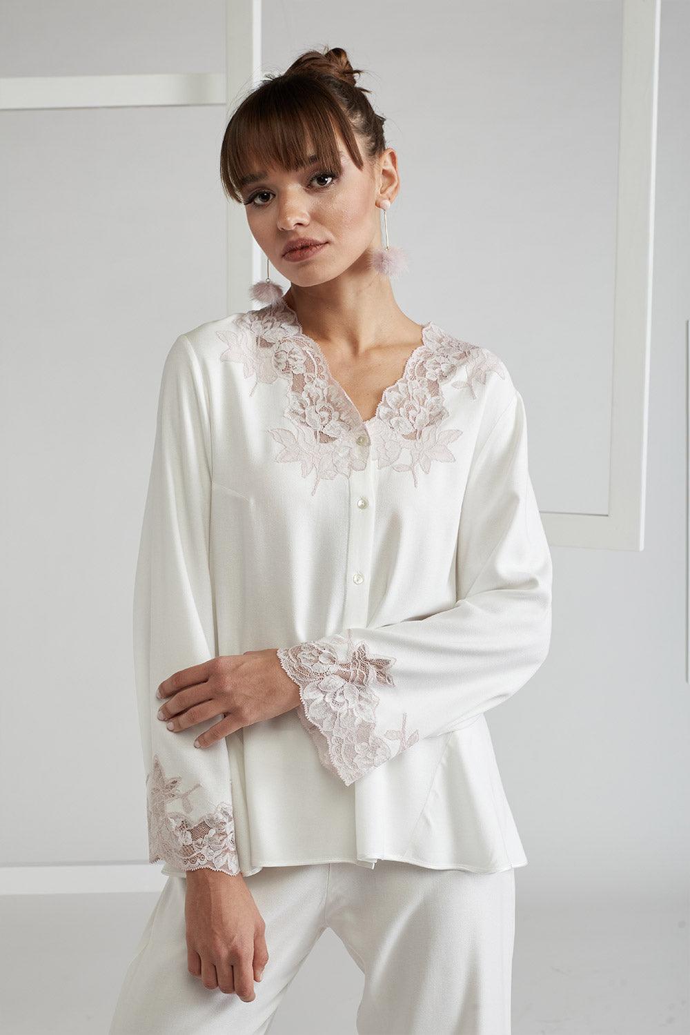 Rayon Full Buttoned Rayon Pyjama Set Off White - Big Rose (Powder) - Bocan