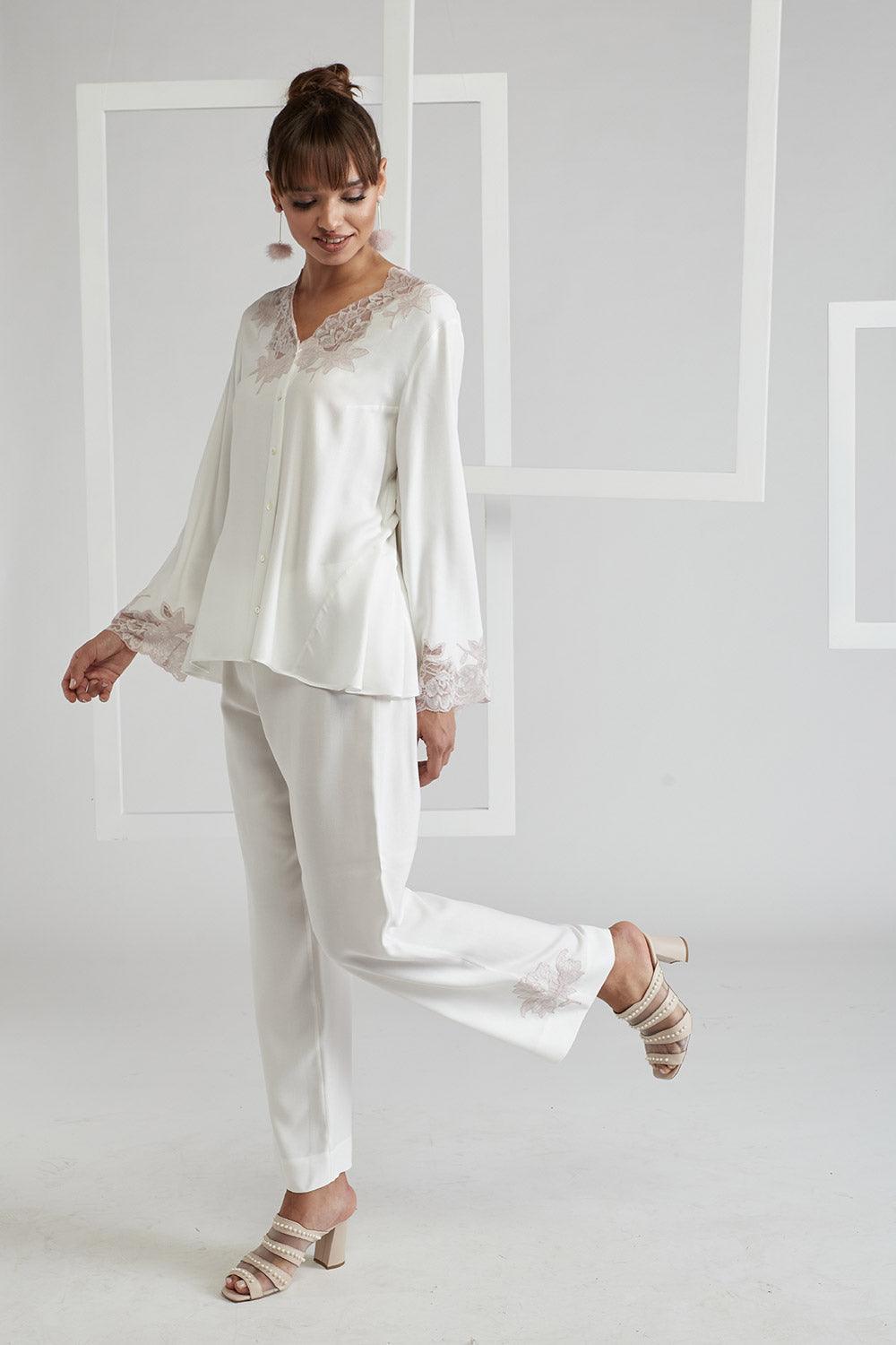 Rayon Full Buttoned Rayon Pyjama Set Off White - Big Rose (Powder) - Bocan