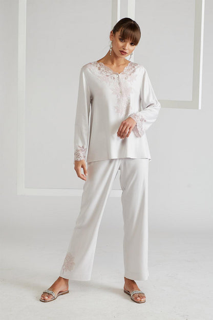 Rayon Half Buttoned Pyjama Set Light Grey Powder - Big Rose - Bocan