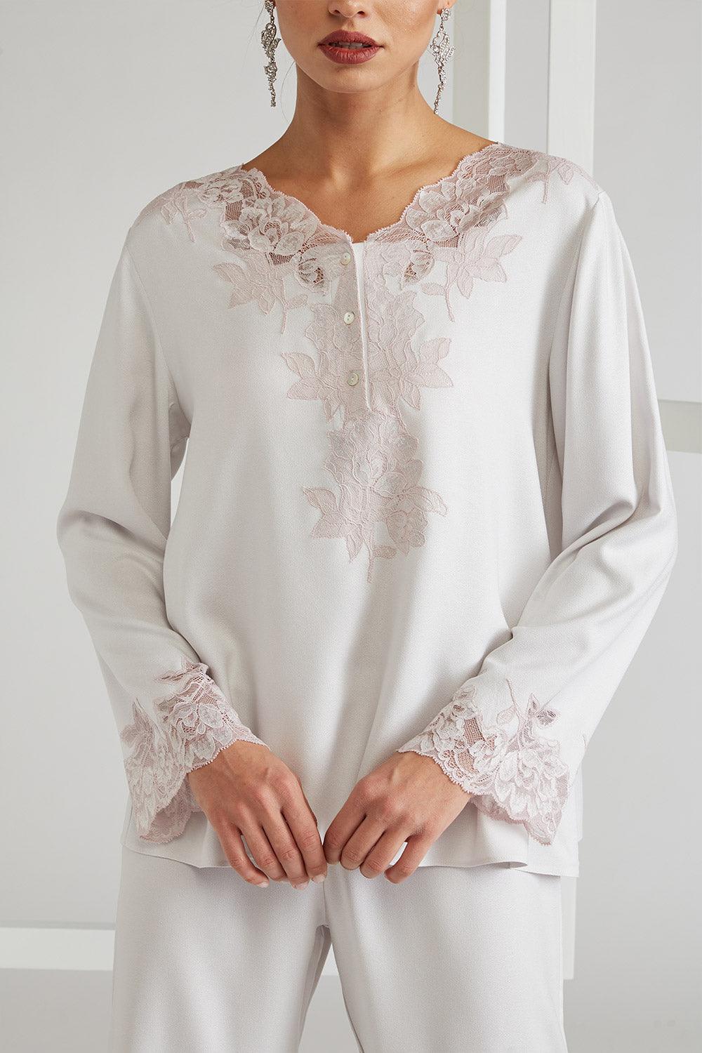 Rayon Half Buttoned Pyjama Set Light Grey Powder - Big Rose - Bocan