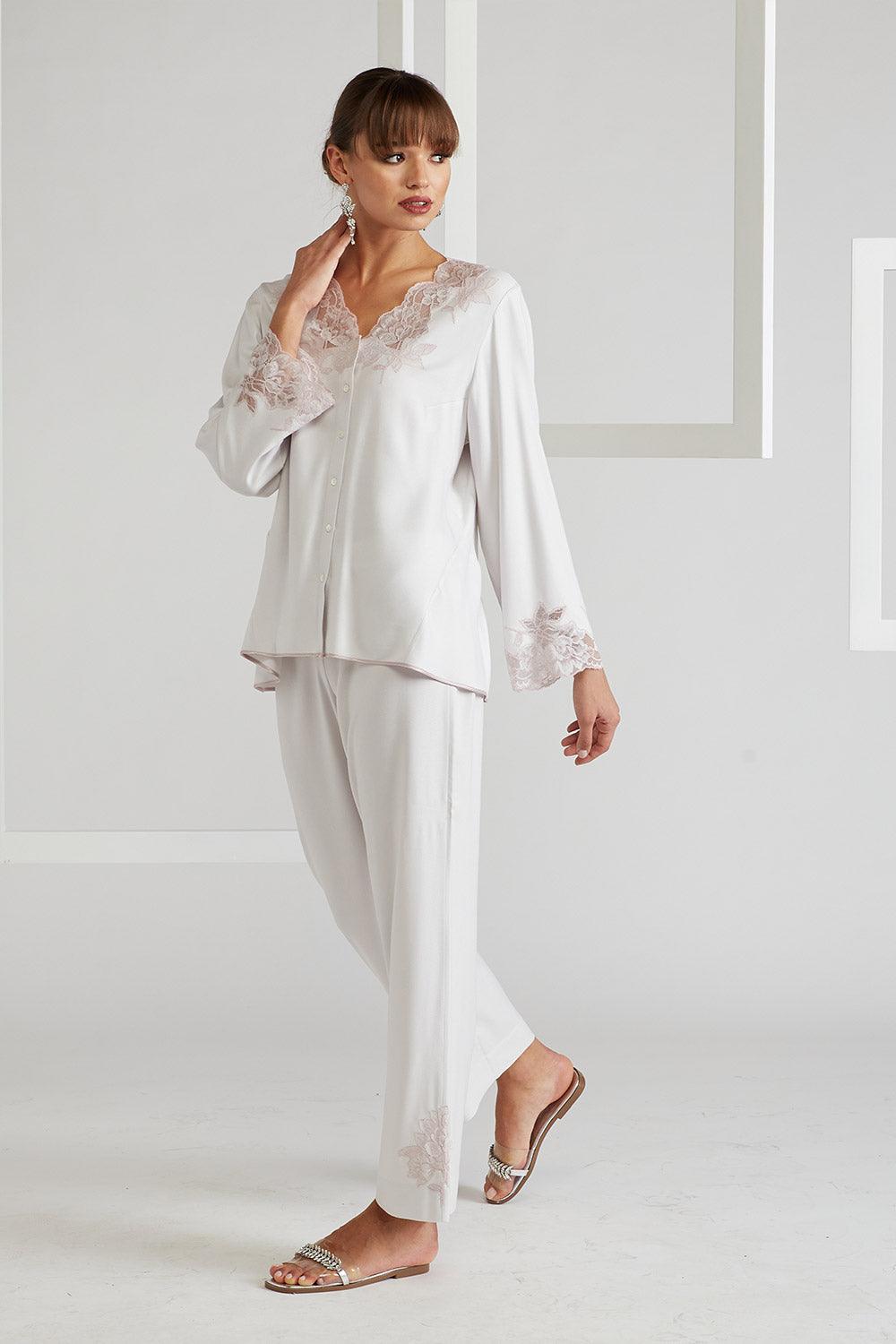 Rayon Pyjama Set - Light Grey - Big Rose - Bocan