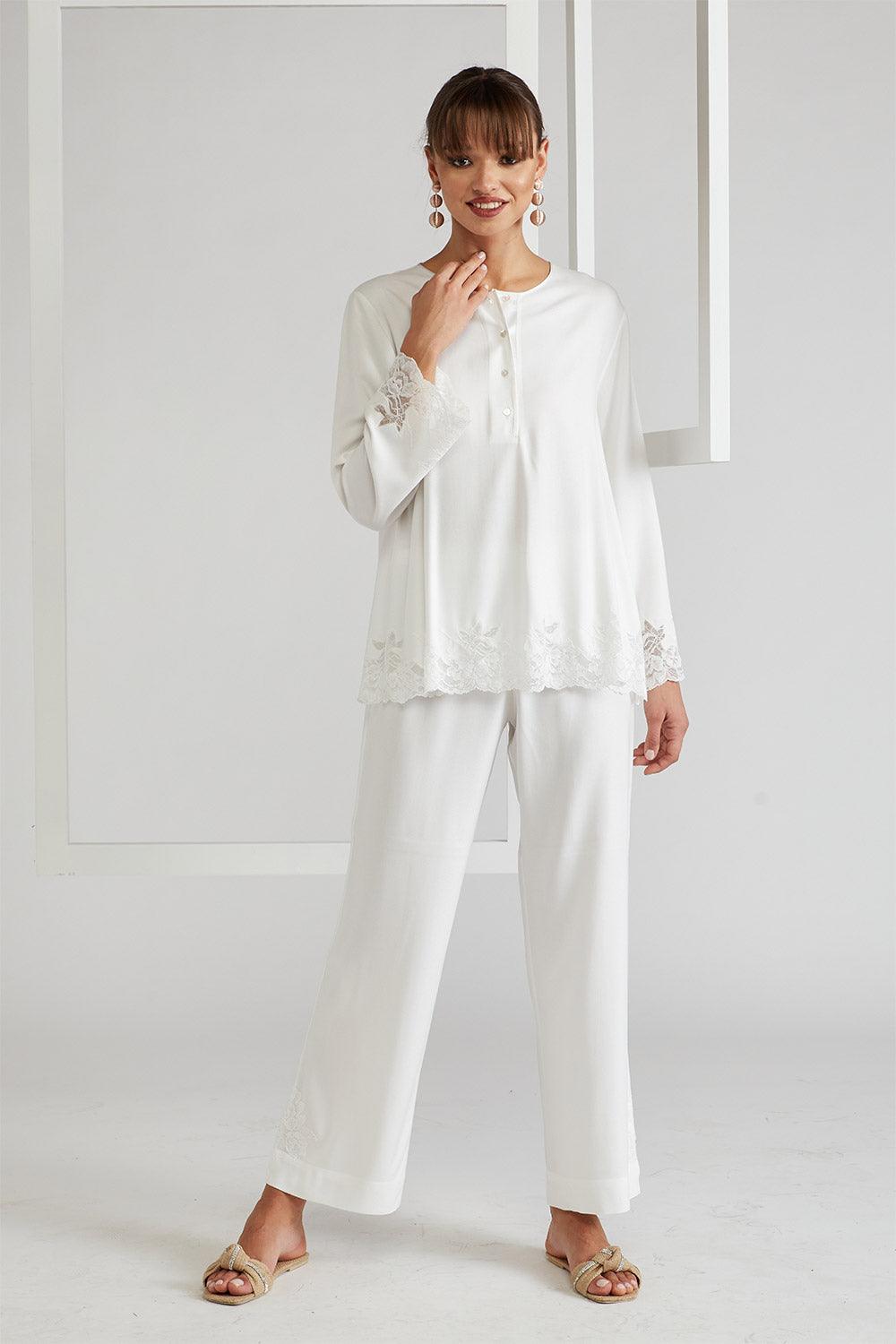 Rayon Pyjama Set - Off White Big Rose - Bocan