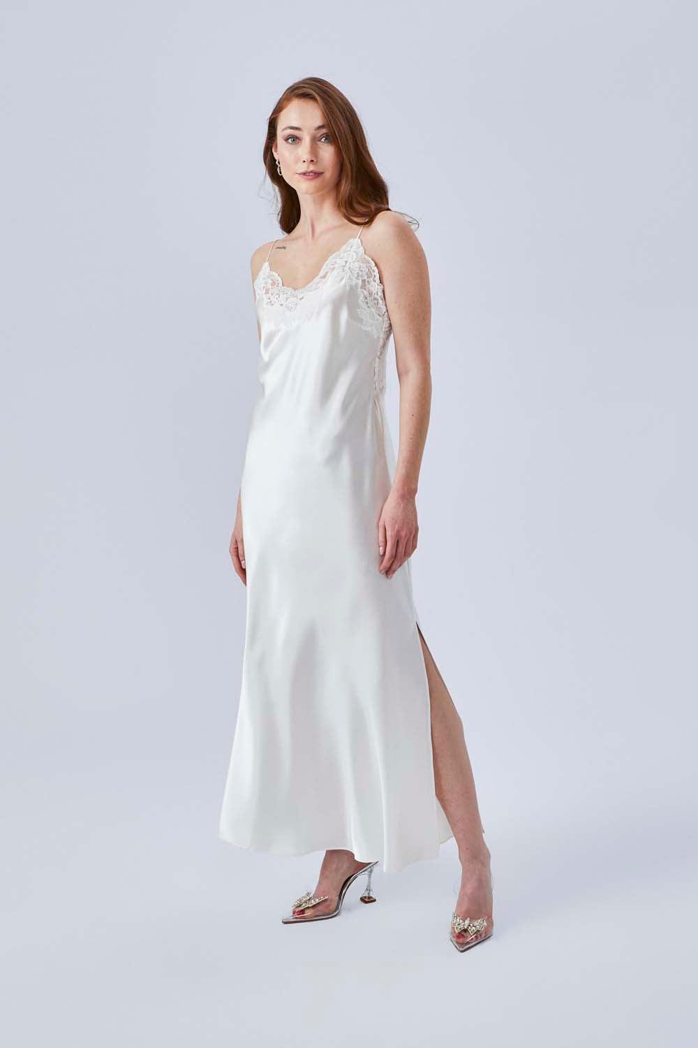 Rena - Long Silk Sateen Strapped Nightgown - Off White - Bocan