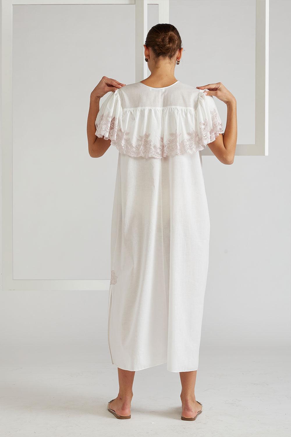 Ruffled Cotton Voile Dress Ecru - French Rose - Bocan