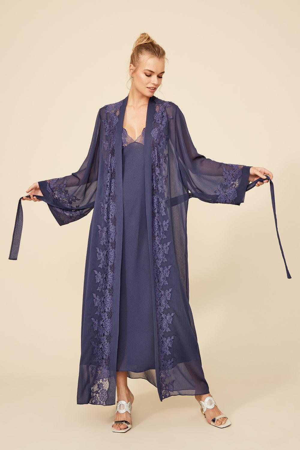 Saoirse - Long Silk Chiffon Robe  Set - Navy - Bocan