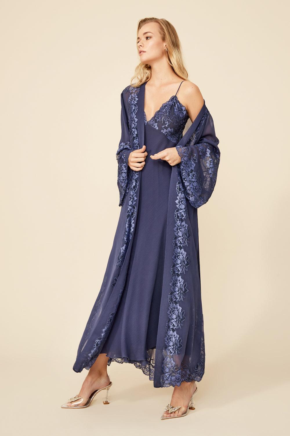 Sapphire - Long Silk Robe Set - Indigo - Bocan