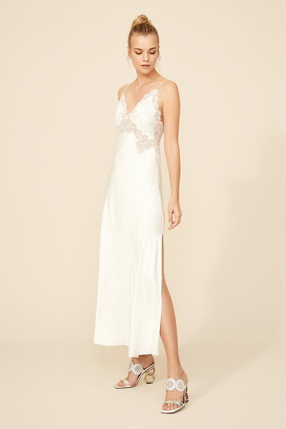 Shaina - Long Rayon Strapped Nightgown - Off white with Silver - Bocan