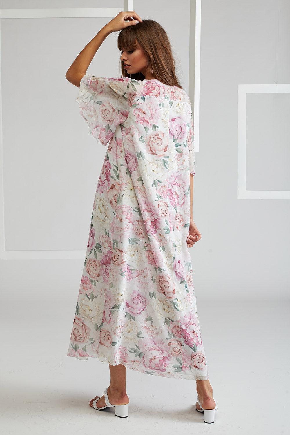 Silk Chiffon Dress Buttoned Printed - Gilly - Bocan