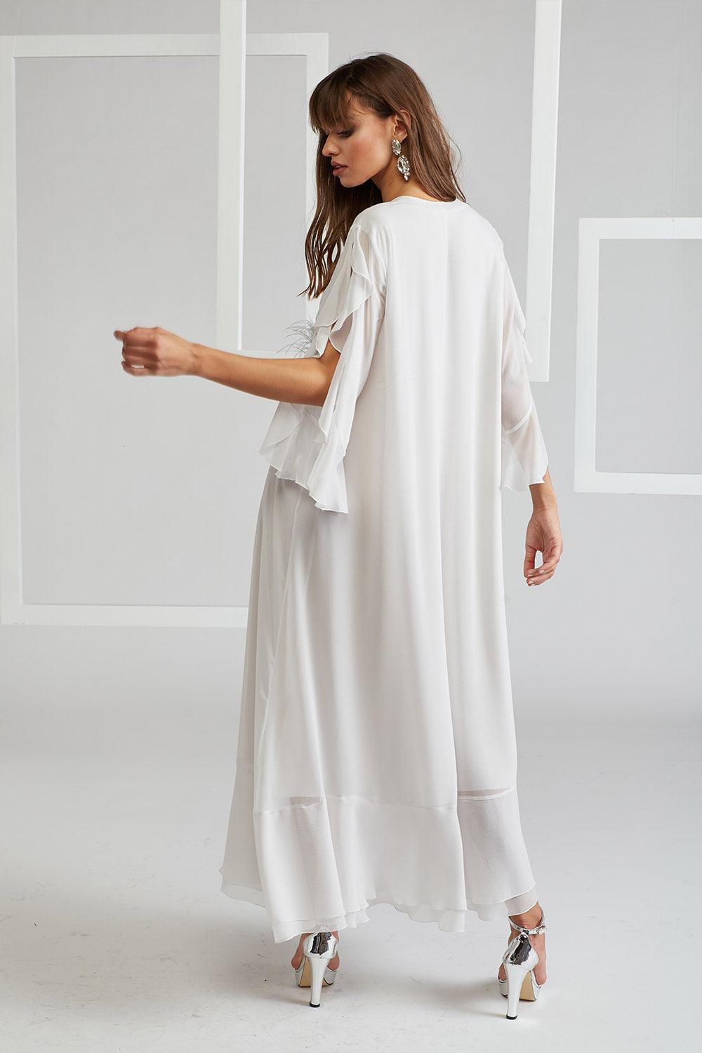 Silk Chiffon Dress Triangular Sleeve White Emy - Bocan Couture