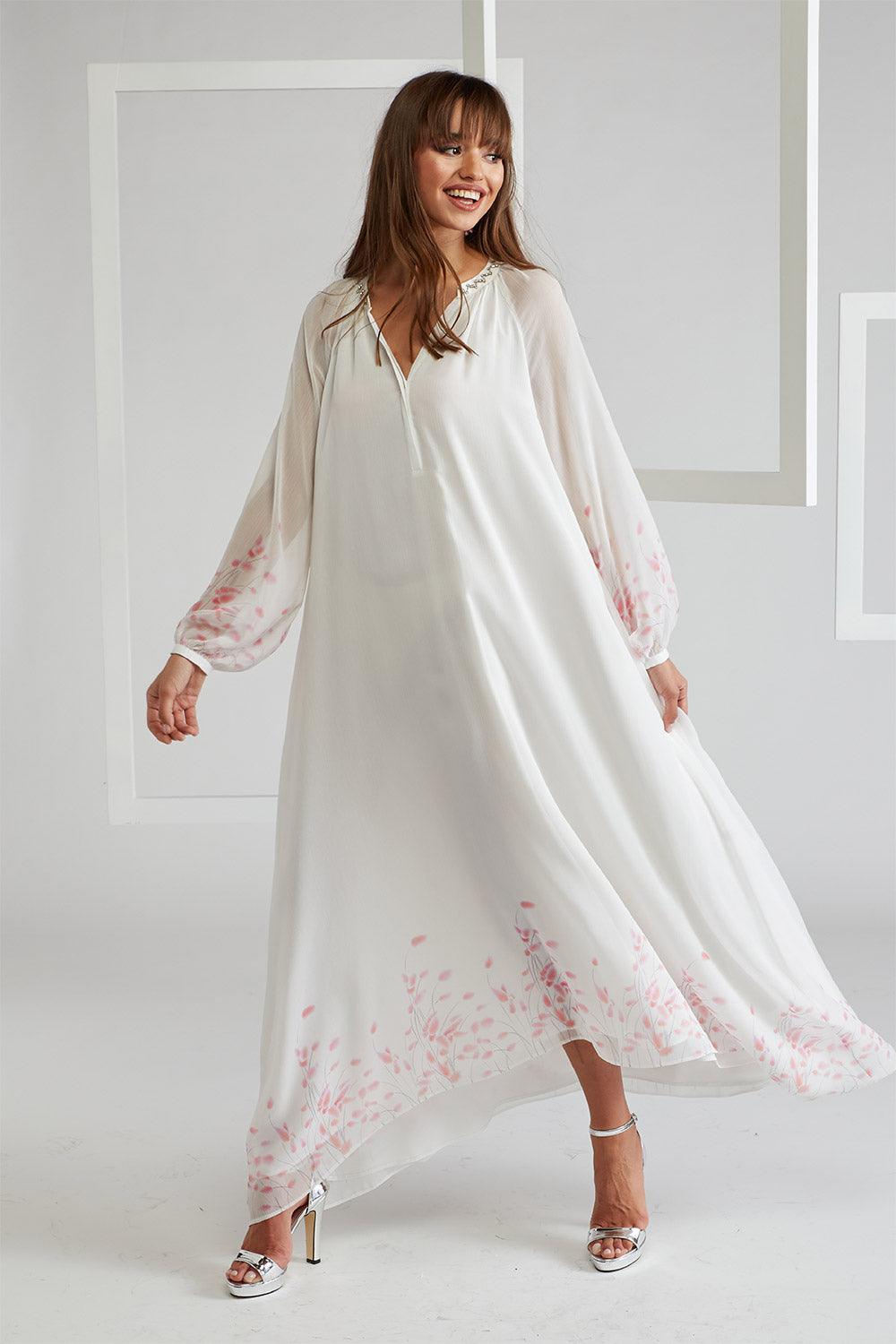 Silk Chiffon Dress Off White Layered by Viscose - Bocan