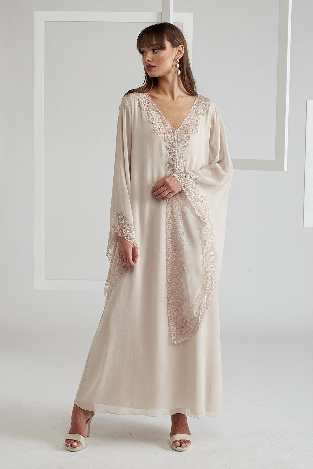 Silk Chiffon Dress Triangular Sleeve Beige - Nude - Bocan