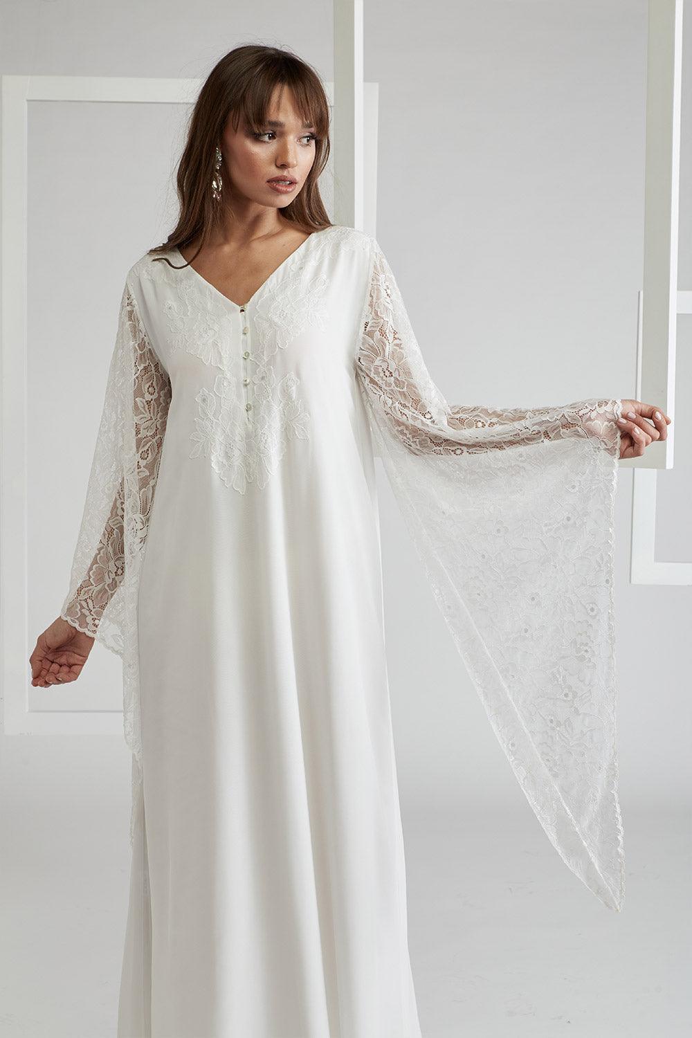 Silk Chiffon Dress Triangular Sleeve Off White - Emy - Bocan