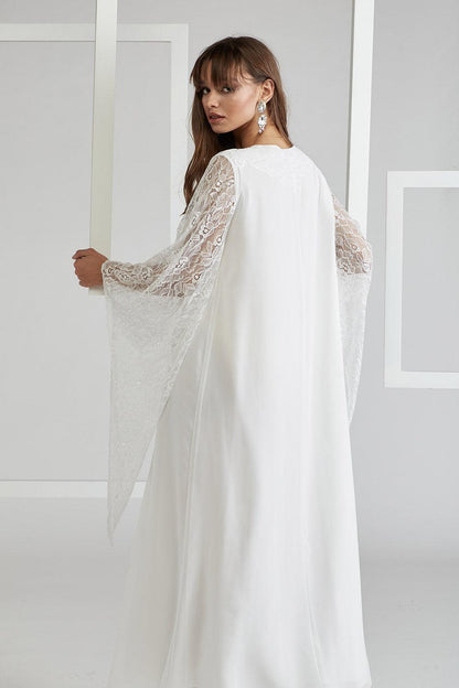 Silk Chiffon Dress Triangular Sleeve Off White - Emy - Bocan