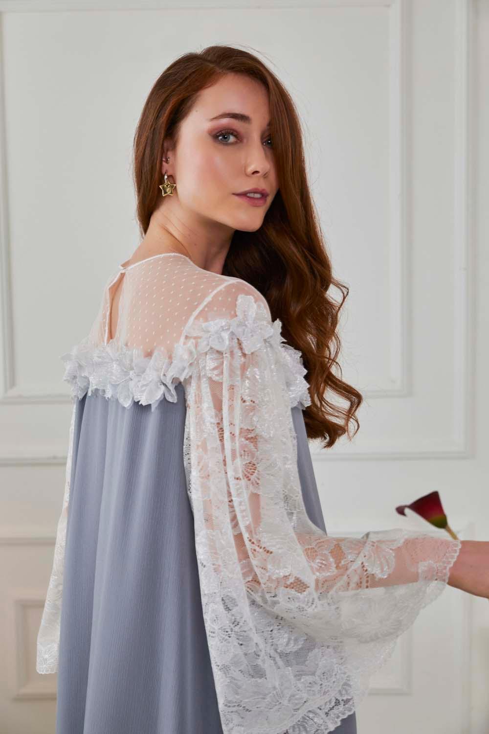 Silk Chiffon Embellished Dress Off White - Dusty Kiss on Shoulder - Bocan