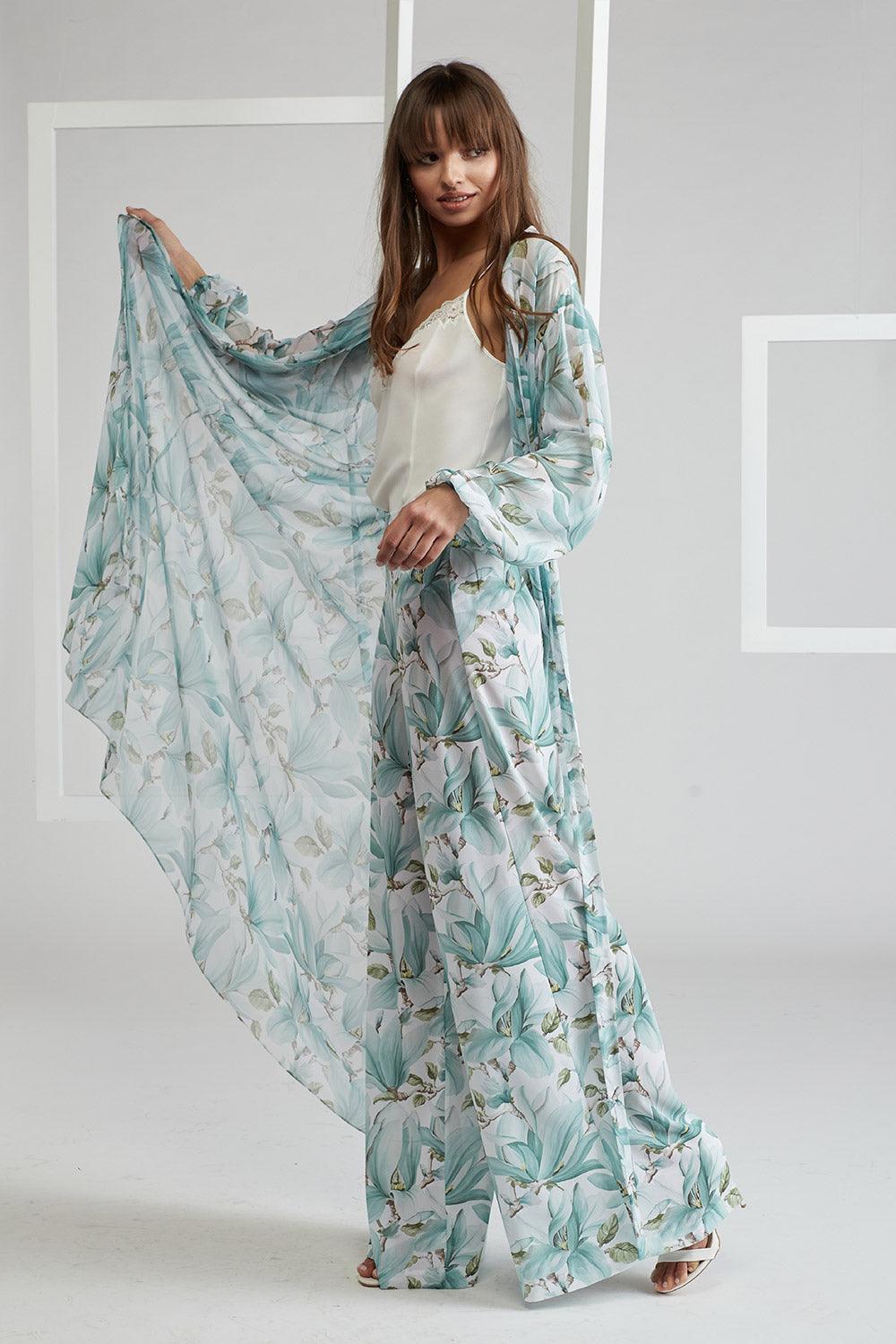 Silk Chiffon Pyjama Set with Long Robe Floral Green - Magnolia - Bocan