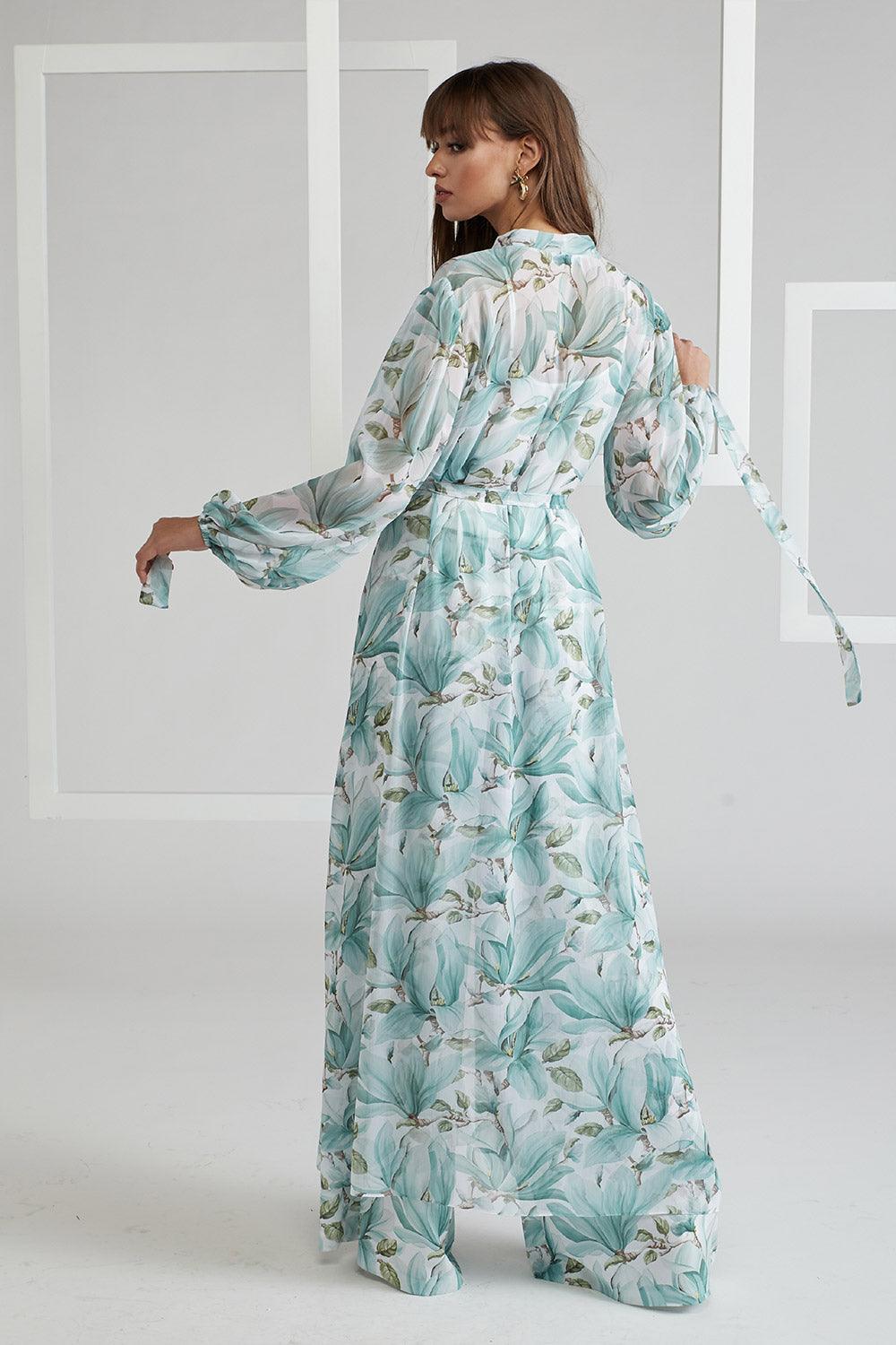 Silk Chiffon Pyjama Set with Long Robe Floral Green - Magnolia - Bocan