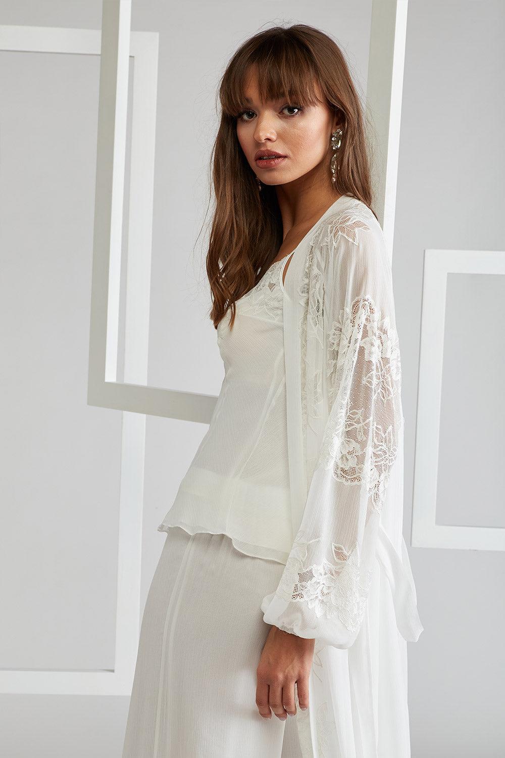 Silk Chiffon Pyjama Set with Long Robe - Off White - Bocan