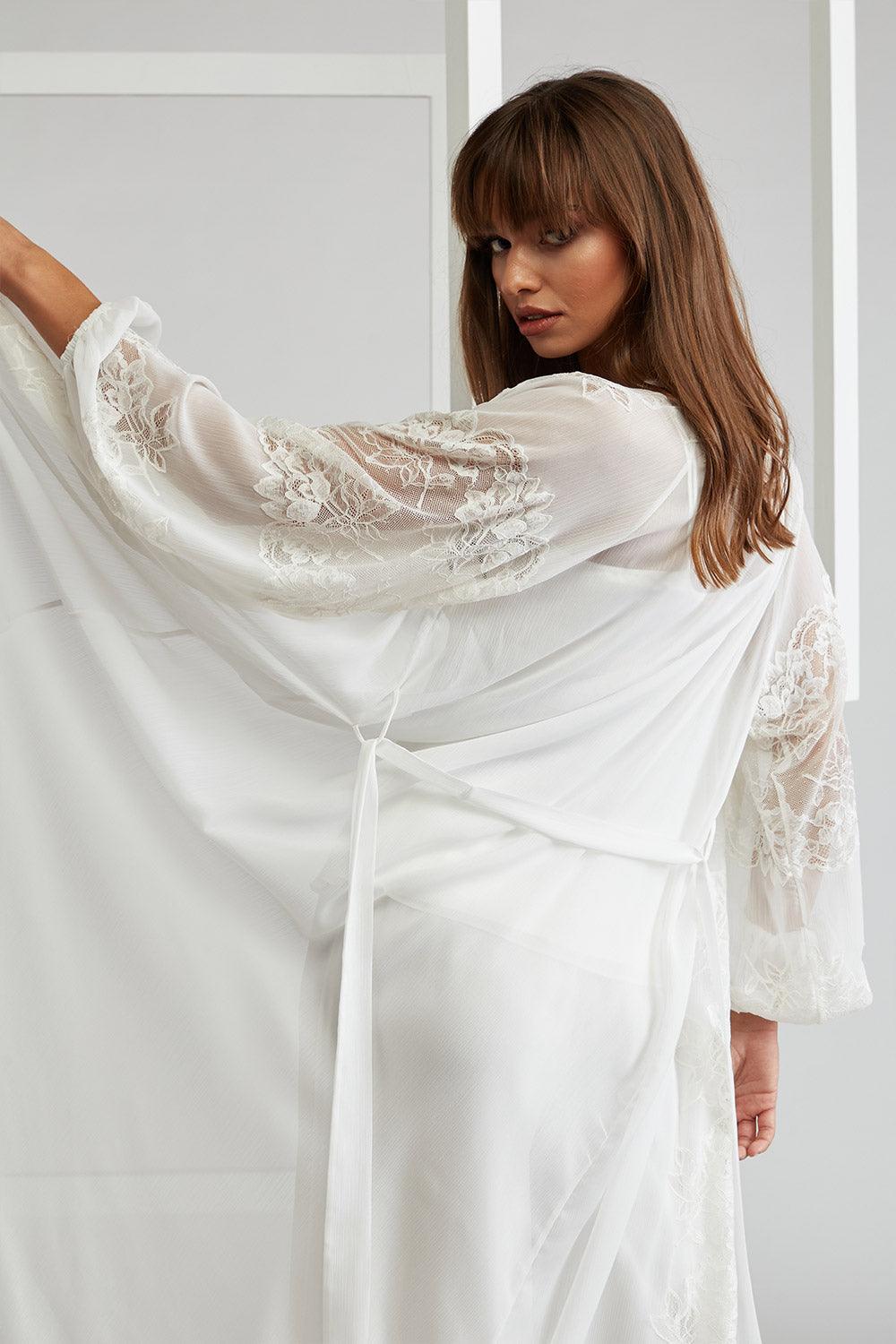 Silk Chiffon Pyjama Set with Long Robe - Off White - Bocan
