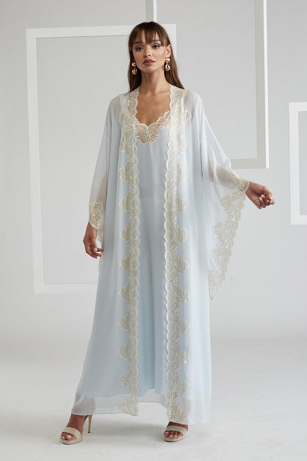 Silk Chiffon Robe Set Baby Blue Lucia Gold Bocan Couture