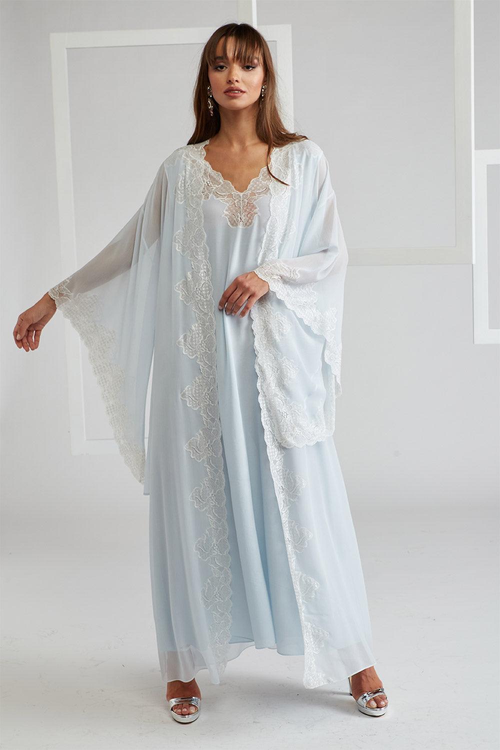 Silk Chiffon Robe Set Baby Blue - Lucia (Silver) – Bocan Couture