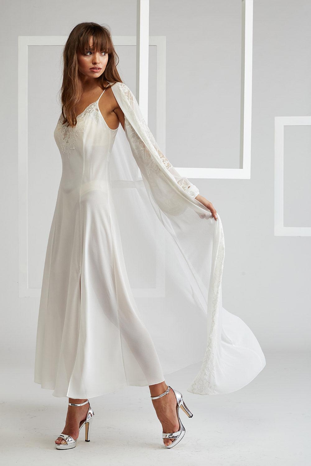 Silk Chiffon Robe Set Off White Ecru - Emma - Bocan
