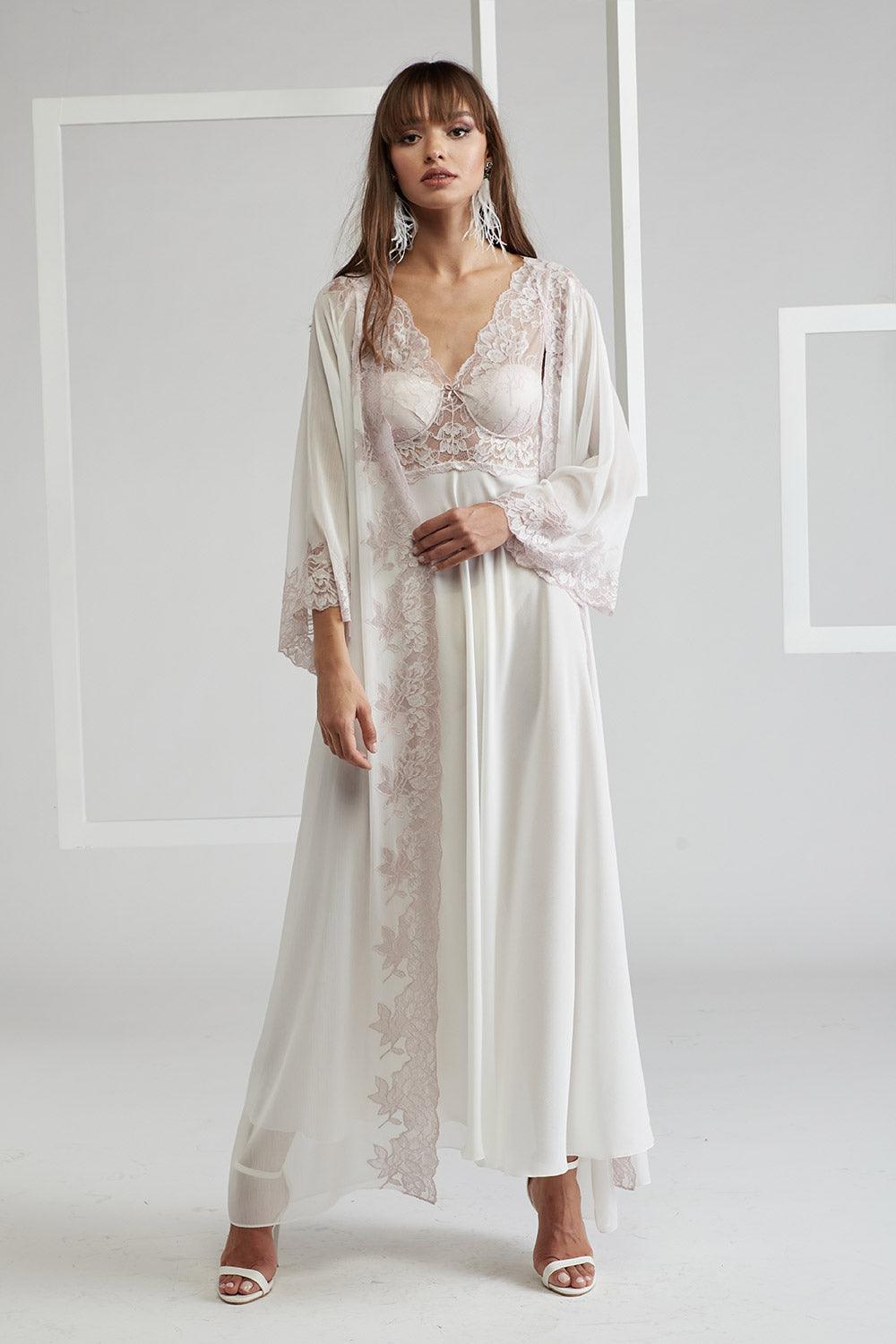 Silk Chiffon Robe Set Off White Light Pink - Mia - Bocan